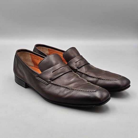 Santoni Men's Size 12 D VGC Brown Soft Leather Square Toe Dress Penny Loafers - Picture 1 of 8